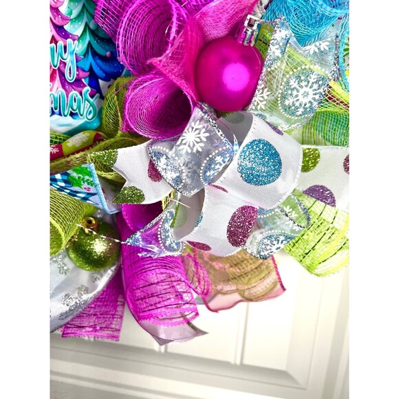 Handmade Bright Merry Christmas Holiday Ribbon Door Wreath 22 ins W54 Pink Blue - Picture 6 of 9